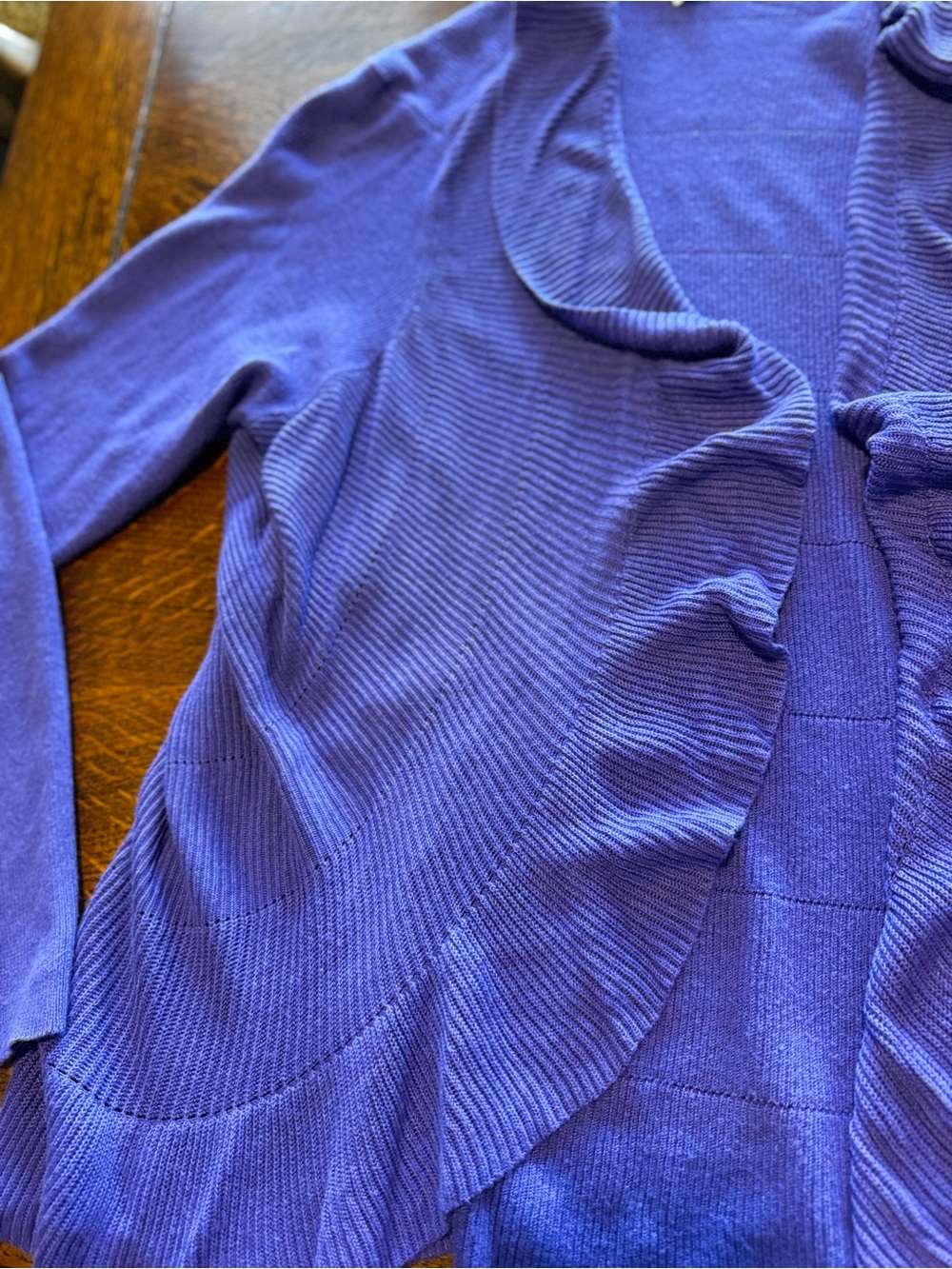CHICO’S Ruffle Edge Purple Blue Ruffle-Front Open Cardigan Sweater — #LHP - Picture 7 of 16